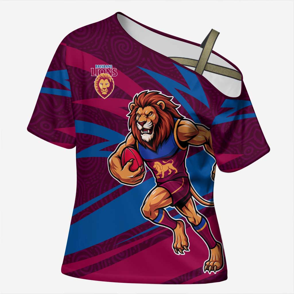 Brisbane Lions Australian Football Cross Shoulder Shirt Regal Lion Mascot With Indigenous Pattern Art