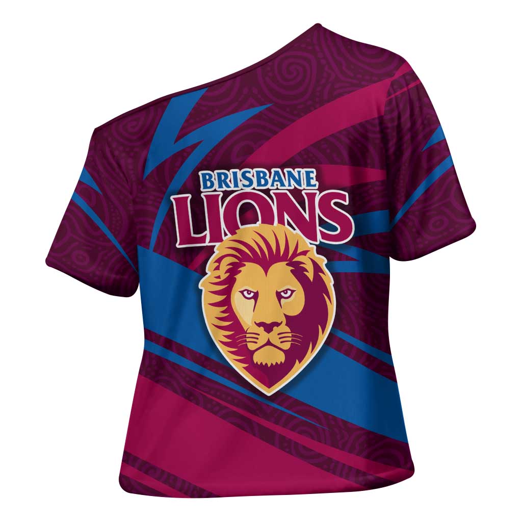 Brisbane Lions Australian Football Cross Shoulder Shirt Regal Lion Mascot With Indigenous Pattern Art