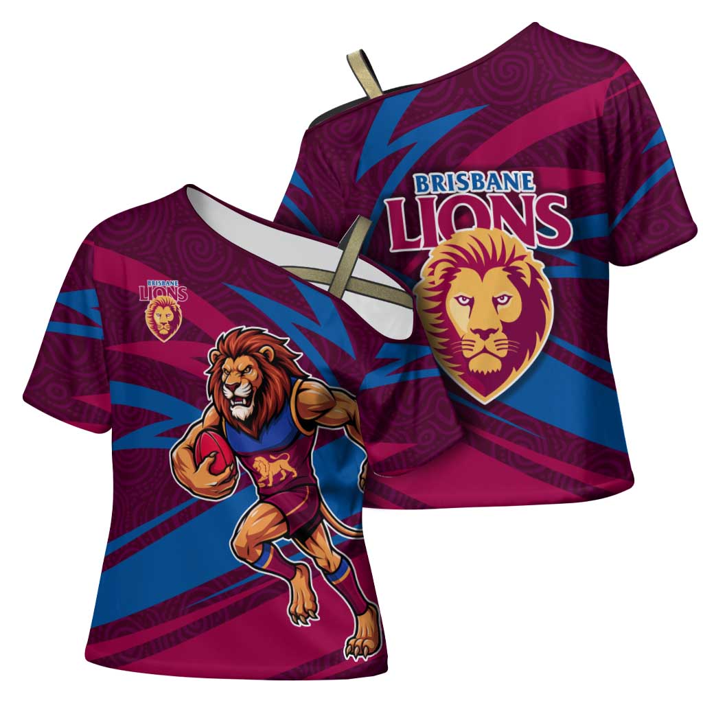 Brisbane Lions Australian Football Cross Shoulder Shirt Regal Lion Mascot With Indigenous Pattern Art