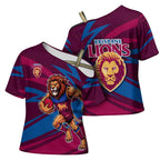 Brisbane Lions Australian Football Cross Shoulder Shirt Regal Lion Mascot With Indigenous Pattern Art