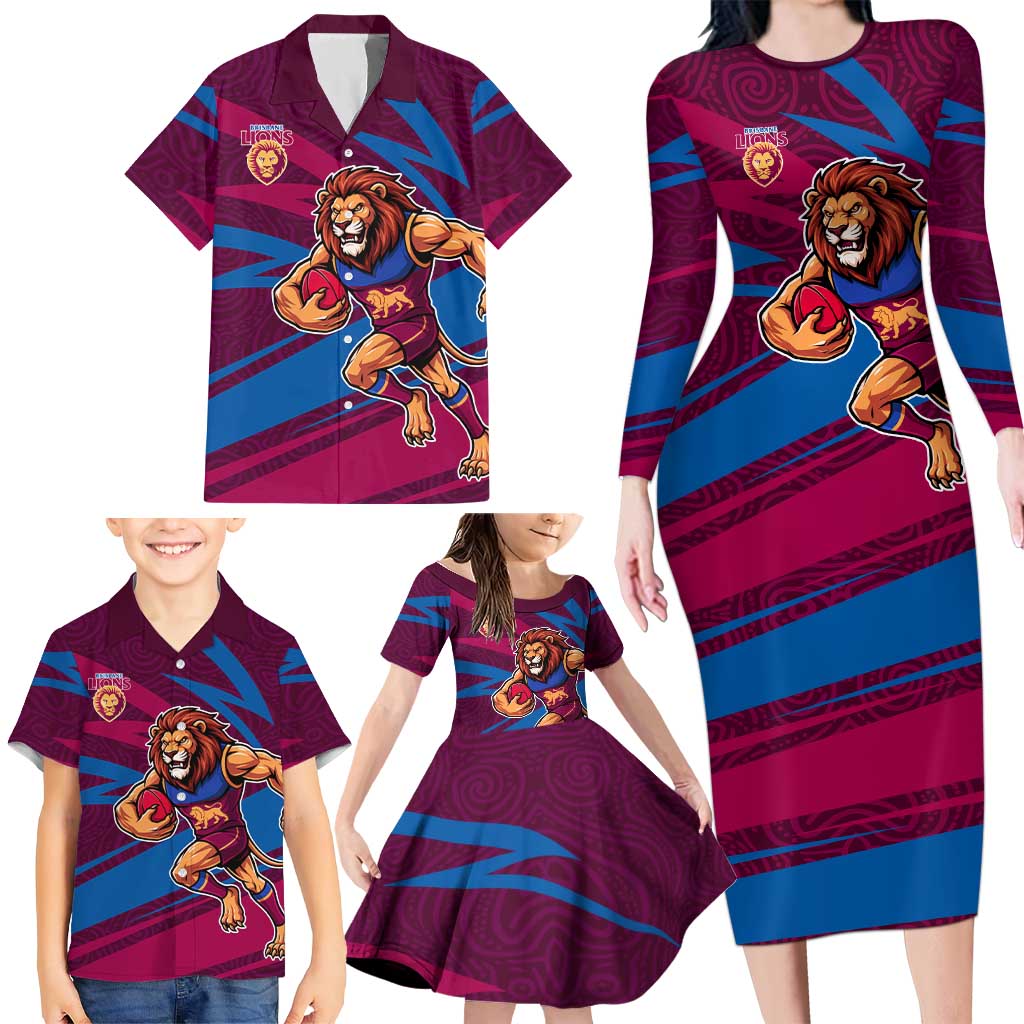 Brisbane Lions Australian Football Family Matching Long Sleeve Bodycon Dress and Hawaiian Shirt Regal Lion Mascot With Indigenous Pattern Art