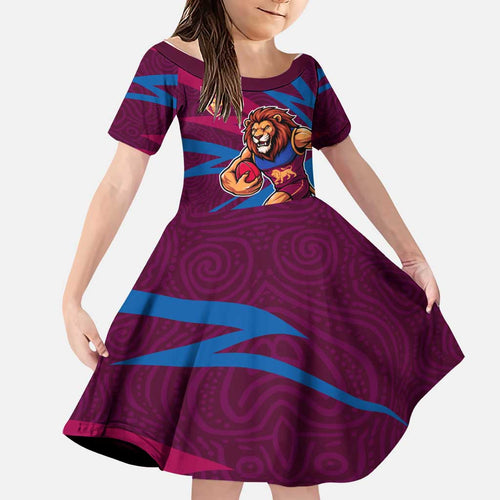 Brisbane Lions Australian Football Family Matching Long Sleeve Bodycon Dress and Hawaiian Shirt Regal Lion Mascot With Indigenous Pattern Art