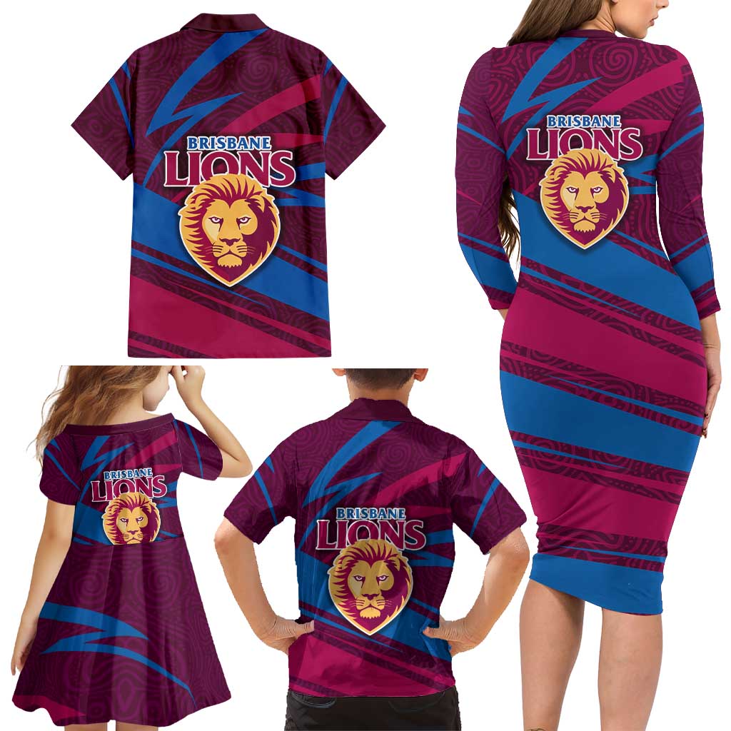 Brisbane Lions Australian Football Family Matching Long Sleeve Bodycon Dress and Hawaiian Shirt Regal Lion Mascot With Indigenous Pattern Art
