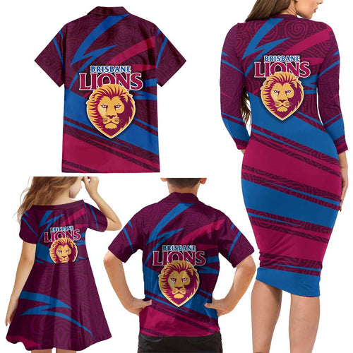 Brisbane Lions Australian Football Family Matching Long Sleeve Bodycon Dress and Hawaiian Shirt Regal Lion Mascot With Indigenous Pattern Art