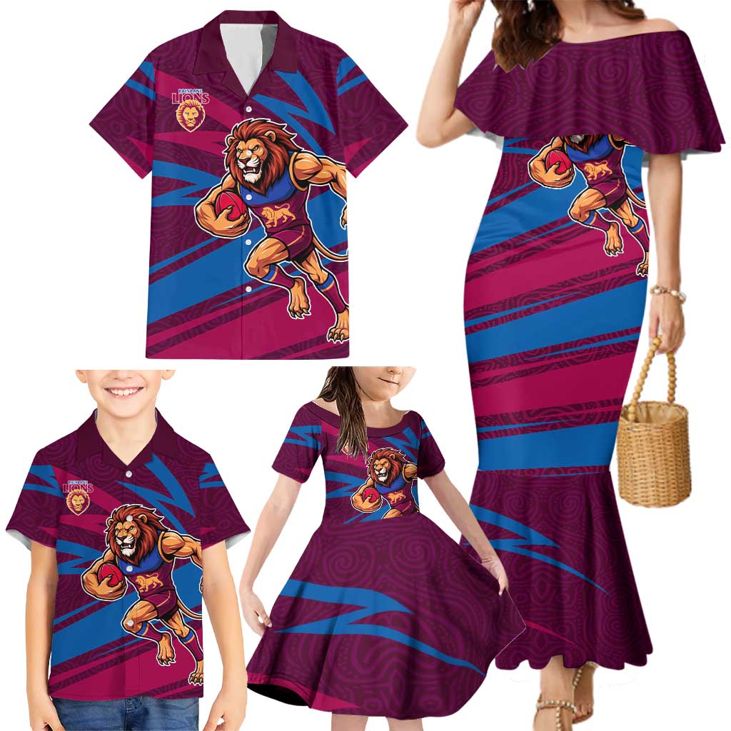 Brisbane Lions Australian Football Family Matching Mermaid Dress and Hawaiian Shirt Regal Lion Mascot With Indigenous Pattern Art