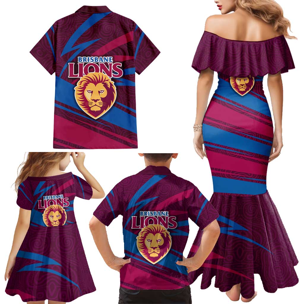 Brisbane Lions Australian Football Family Matching Mermaid Dress and Hawaiian Shirt Regal Lion Mascot With Indigenous Pattern Art