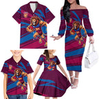 Brisbane Lions Australian Football Family Matching Off The Shoulder Long Sleeve Dress and Hawaiian Shirt Regal Lion Mascot With Indigenous Pattern Art