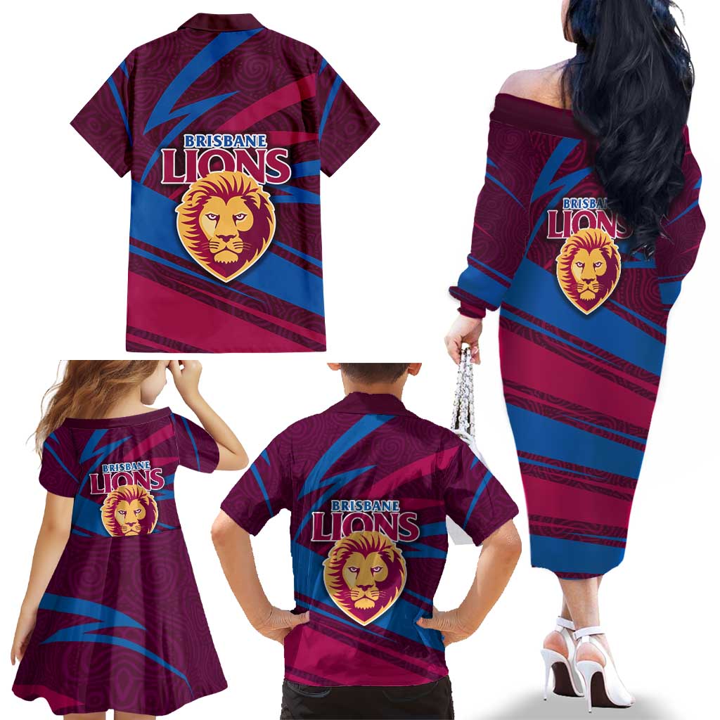 Brisbane Lions Australian Football Family Matching Off The Shoulder Long Sleeve Dress and Hawaiian Shirt Regal Lion Mascot With Indigenous Pattern Art