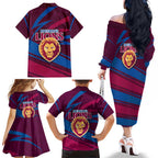 Brisbane Lions Australian Football Family Matching Off The Shoulder Long Sleeve Dress and Hawaiian Shirt Regal Lion Mascot With Indigenous Pattern Art