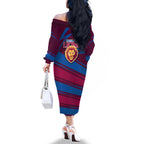 Brisbane Lions Australian Football Family Matching Off The Shoulder Long Sleeve Dress and Hawaiian Shirt Regal Lion Mascot With Indigenous Pattern Art