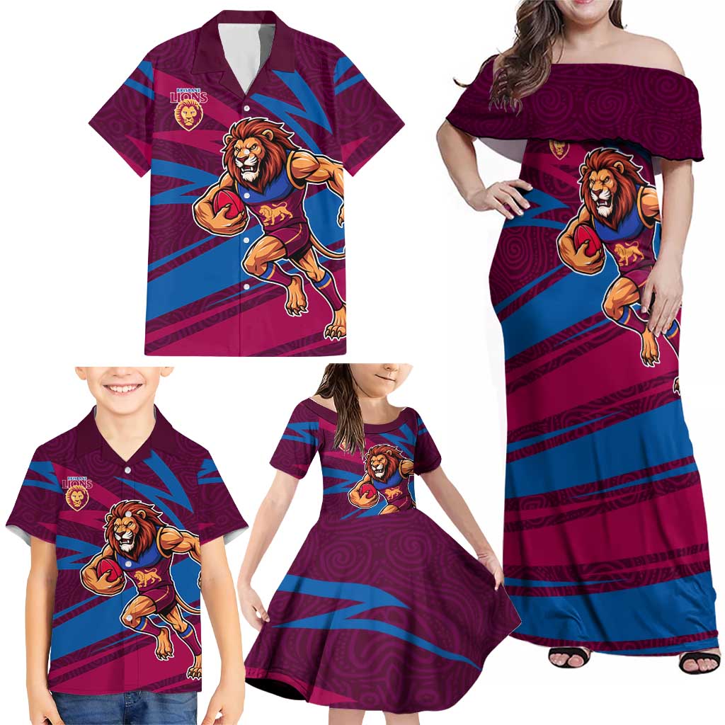 Brisbane Lions Australian Football Family Matching Off Shoulder Maxi Dress and Hawaiian Shirt Regal Lion Mascot With Indigenous Pattern Art