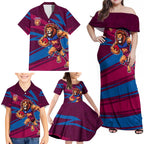 Brisbane Lions Australian Football Family Matching Off Shoulder Maxi Dress and Hawaiian Shirt Regal Lion Mascot With Indigenous Pattern Art
