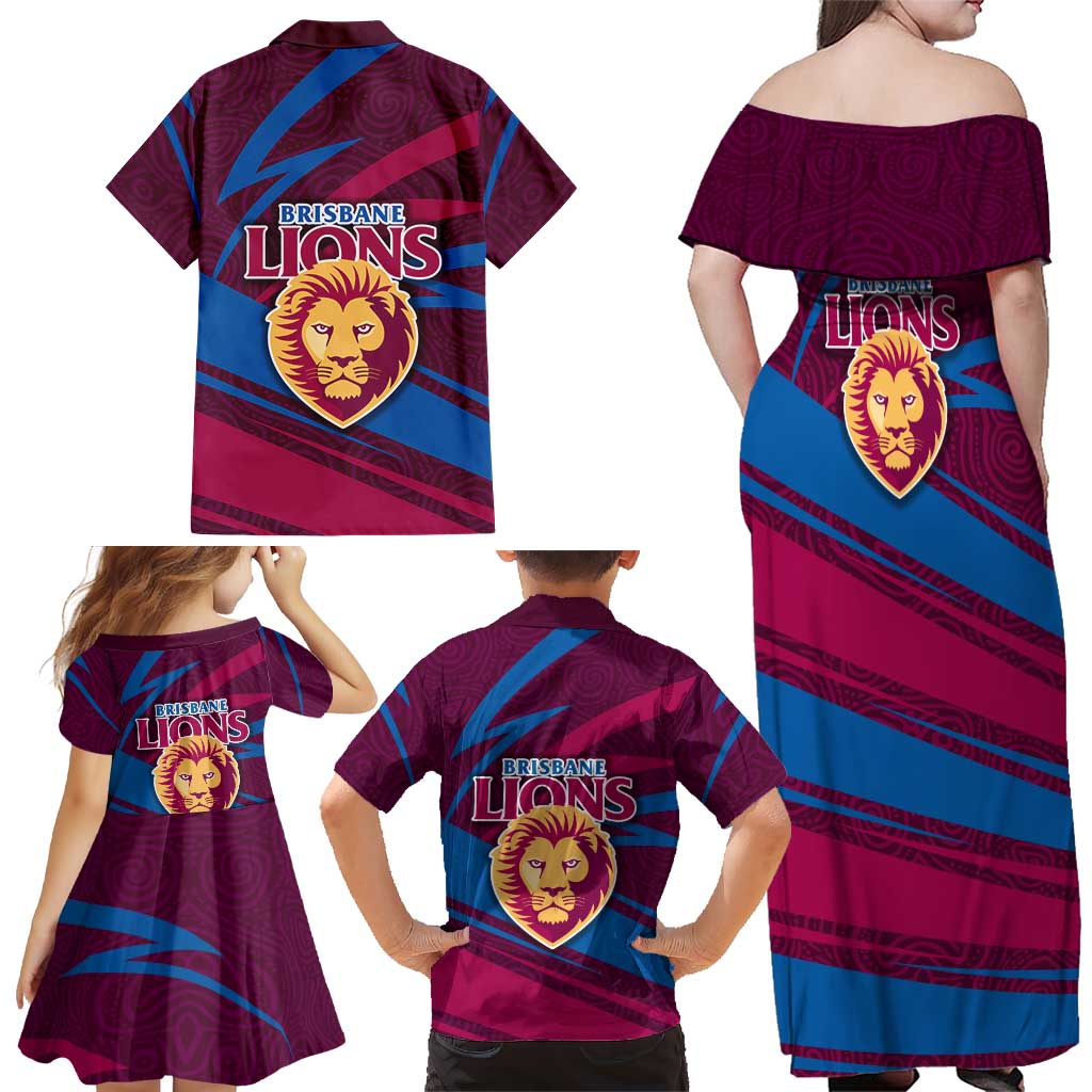 Brisbane Lions Australian Football Family Matching Off Shoulder Maxi Dress and Hawaiian Shirt Regal Lion Mascot With Indigenous Pattern Art