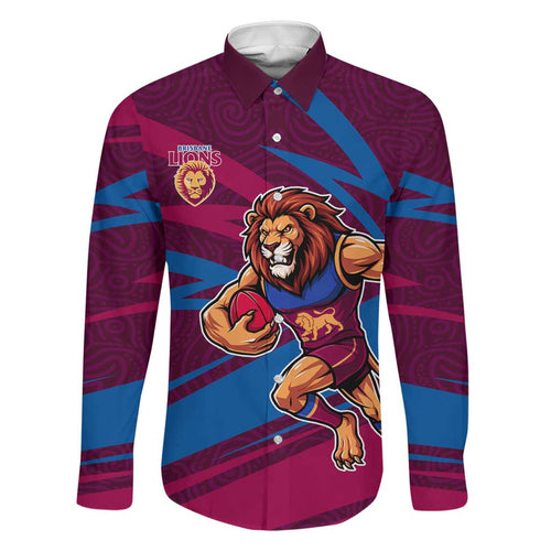 Brisbane Lions Australian Football Family Matching Off Shoulder Maxi Dress and Hawaiian Shirt Regal Lion Mascot With Indigenous Pattern Art