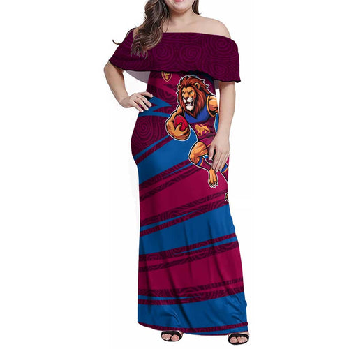 Brisbane Lions Australian Football Family Matching Off Shoulder Maxi Dress and Hawaiian Shirt Regal Lion Mascot With Indigenous Pattern Art