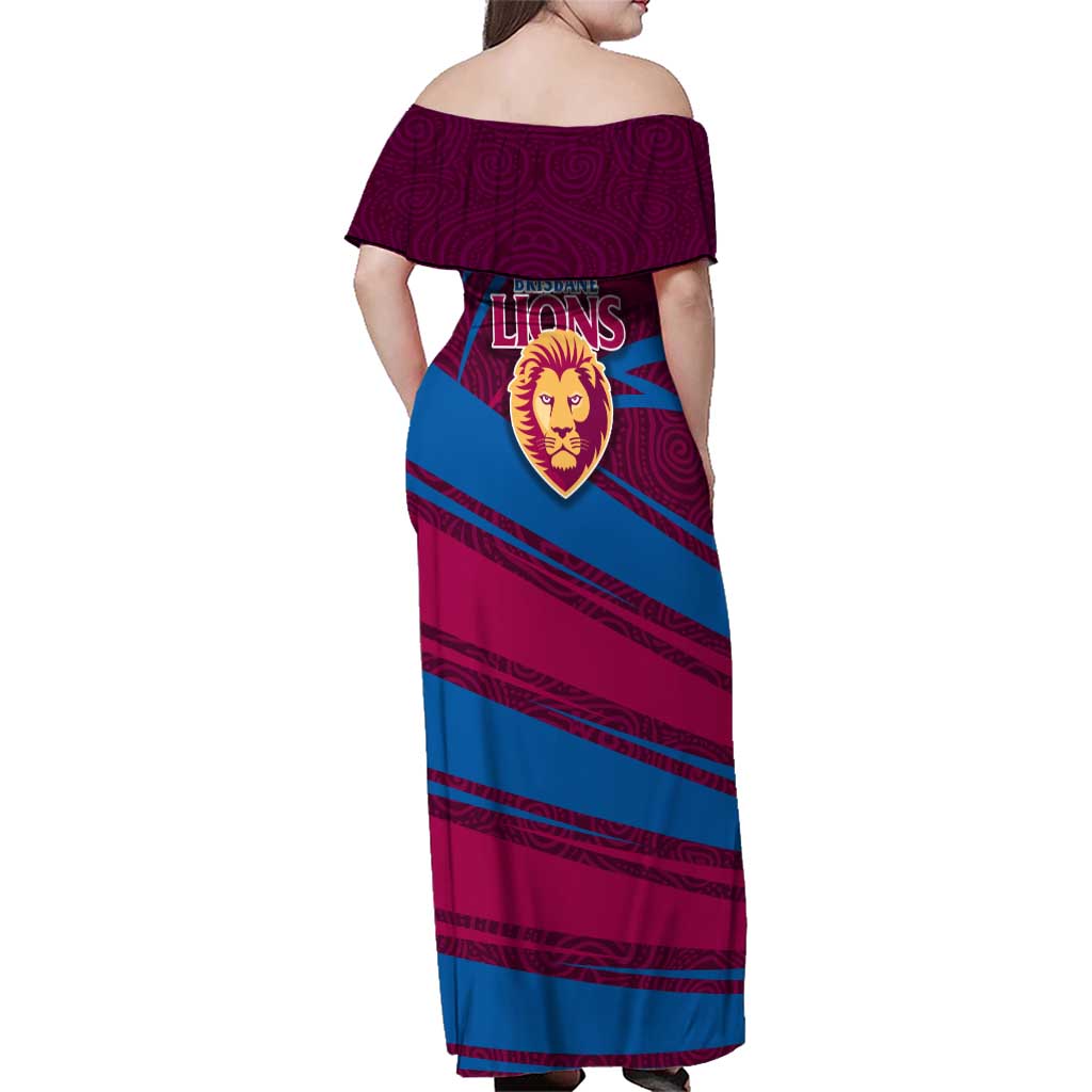 Brisbane Lions Australian Football Family Matching Off Shoulder Maxi Dress and Hawaiian Shirt Regal Lion Mascot With Indigenous Pattern Art