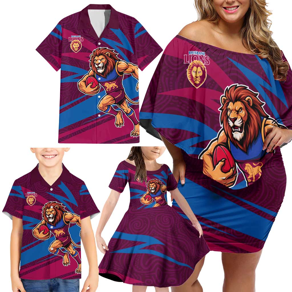 Brisbane Lions Australian Football Family Matching Off Shoulder Short Dress and Hawaiian Shirt Regal Lion Mascot With Indigenous Pattern Art