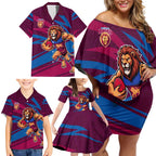 Brisbane Lions Australian Football Family Matching Off Shoulder Short Dress and Hawaiian Shirt Regal Lion Mascot With Indigenous Pattern Art