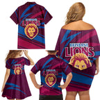 Brisbane Lions Australian Football Family Matching Off Shoulder Short Dress and Hawaiian Shirt Regal Lion Mascot With Indigenous Pattern Art
