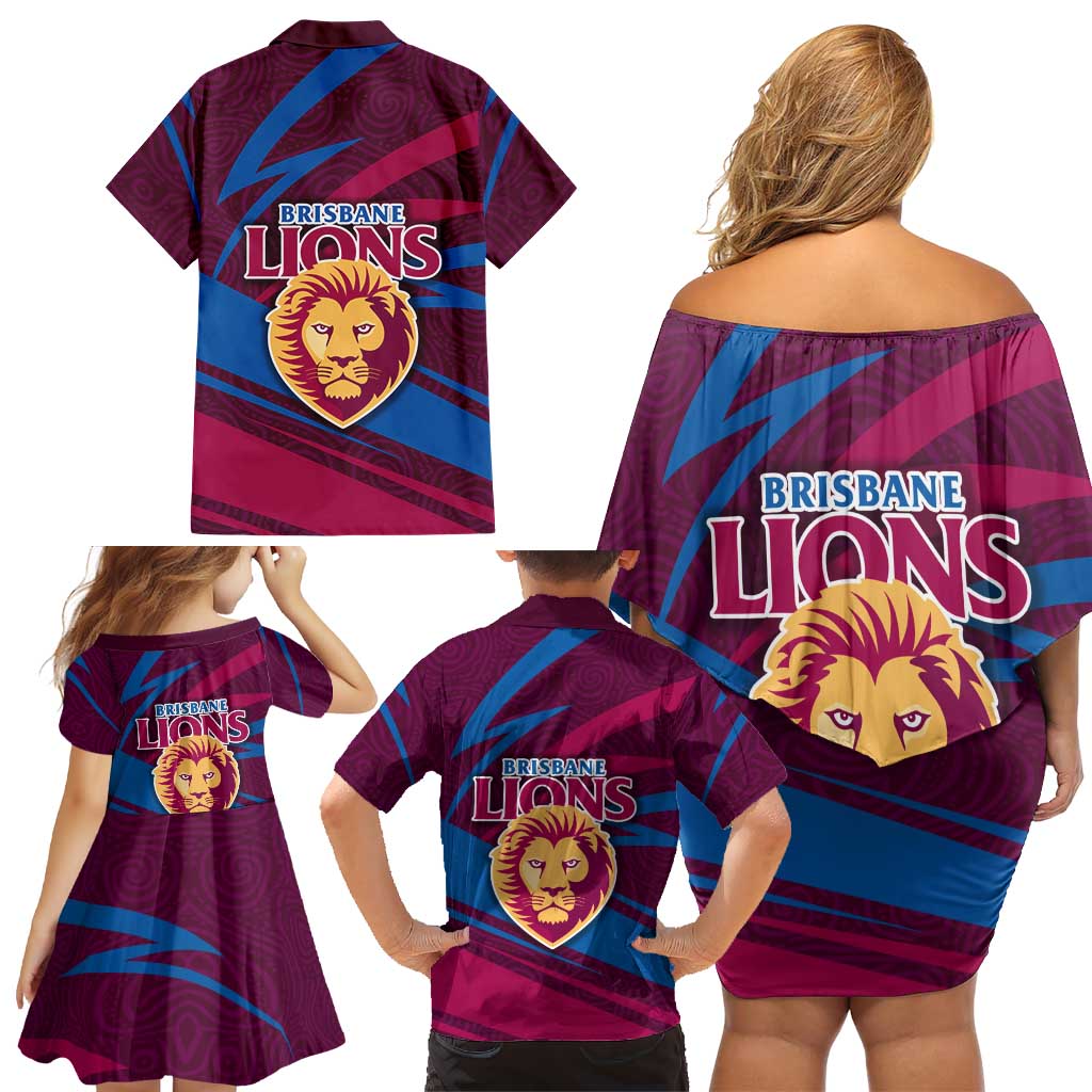 Brisbane Lions Australian Football Family Matching Off Shoulder Short Dress and Hawaiian Shirt Regal Lion Mascot With Indigenous Pattern Art