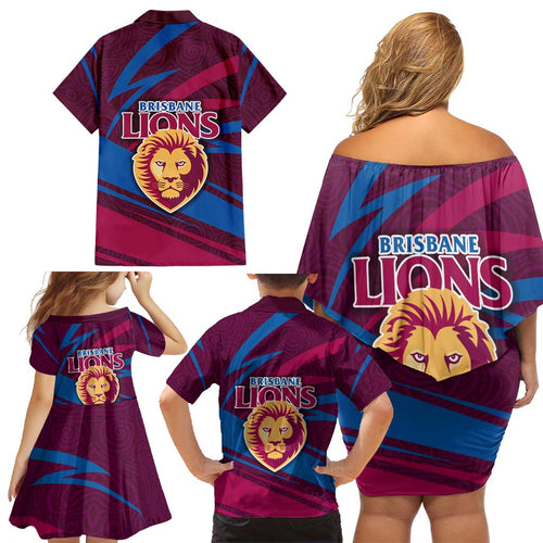 Brisbane Lions Australian Football Family Matching Off Shoulder Short Dress and Hawaiian Shirt Regal Lion Mascot With Indigenous Pattern Art