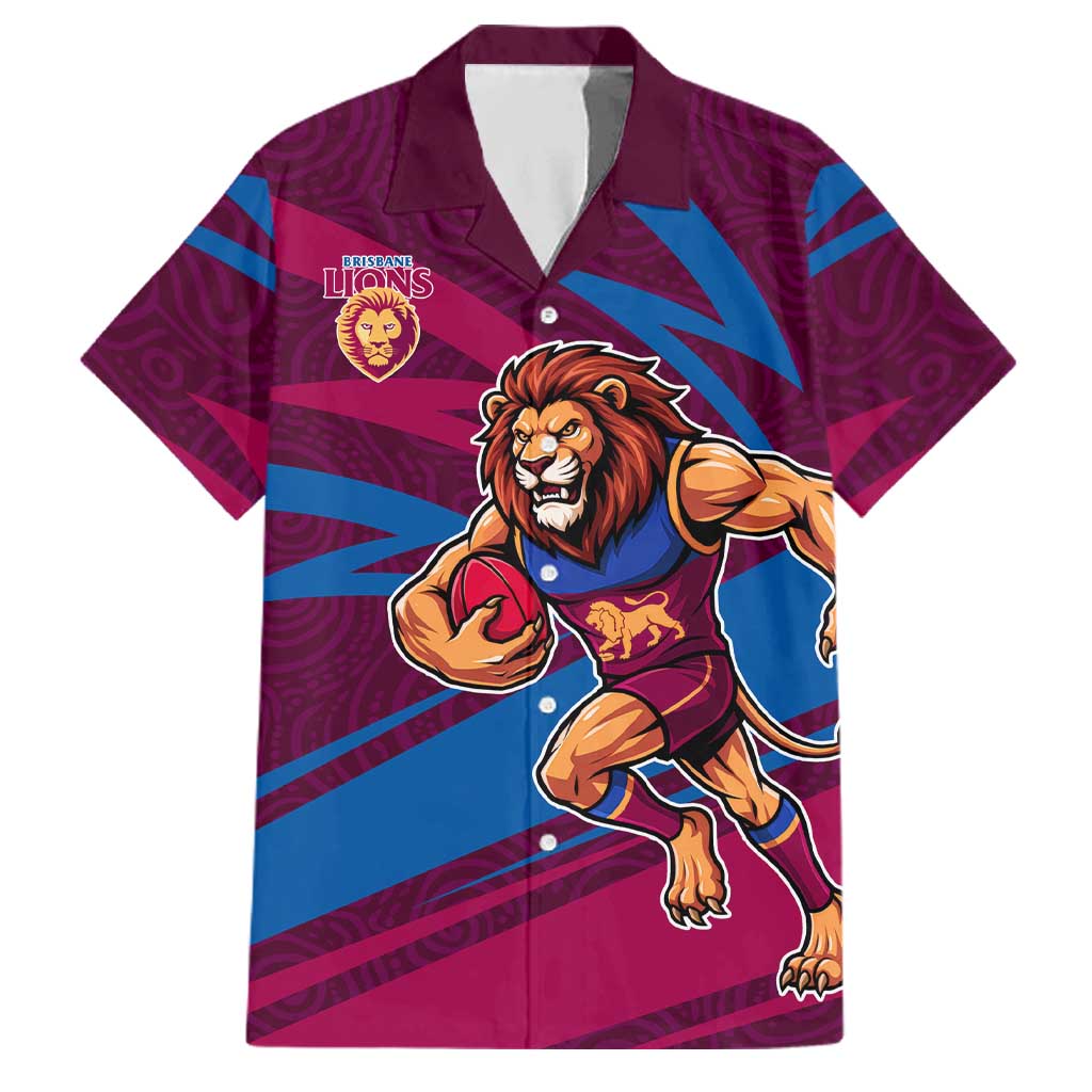 Brisbane Lions Australian Football Family Matching Off Shoulder Short Dress and Hawaiian Shirt Regal Lion Mascot With Indigenous Pattern Art