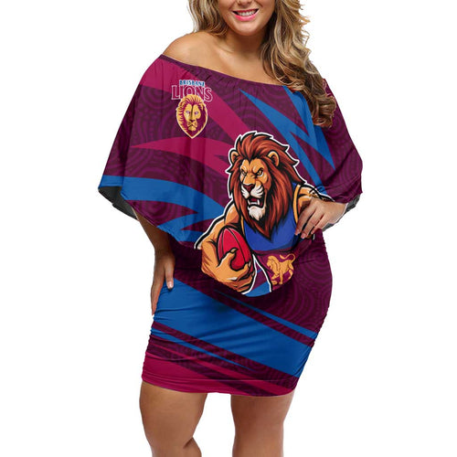 Brisbane Lions Australian Football Family Matching Off Shoulder Short Dress and Hawaiian Shirt Regal Lion Mascot With Indigenous Pattern Art
