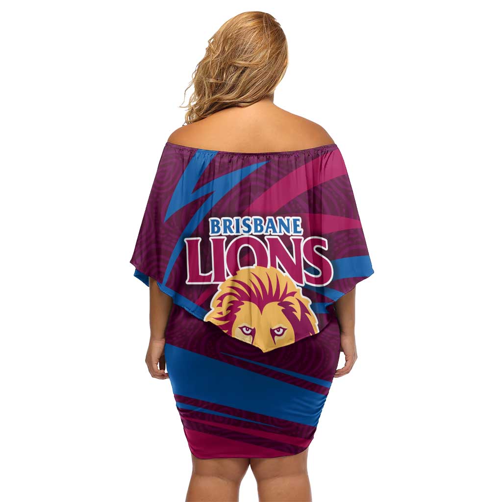 Brisbane Lions Australian Football Family Matching Off Shoulder Short Dress and Hawaiian Shirt Regal Lion Mascot With Indigenous Pattern Art