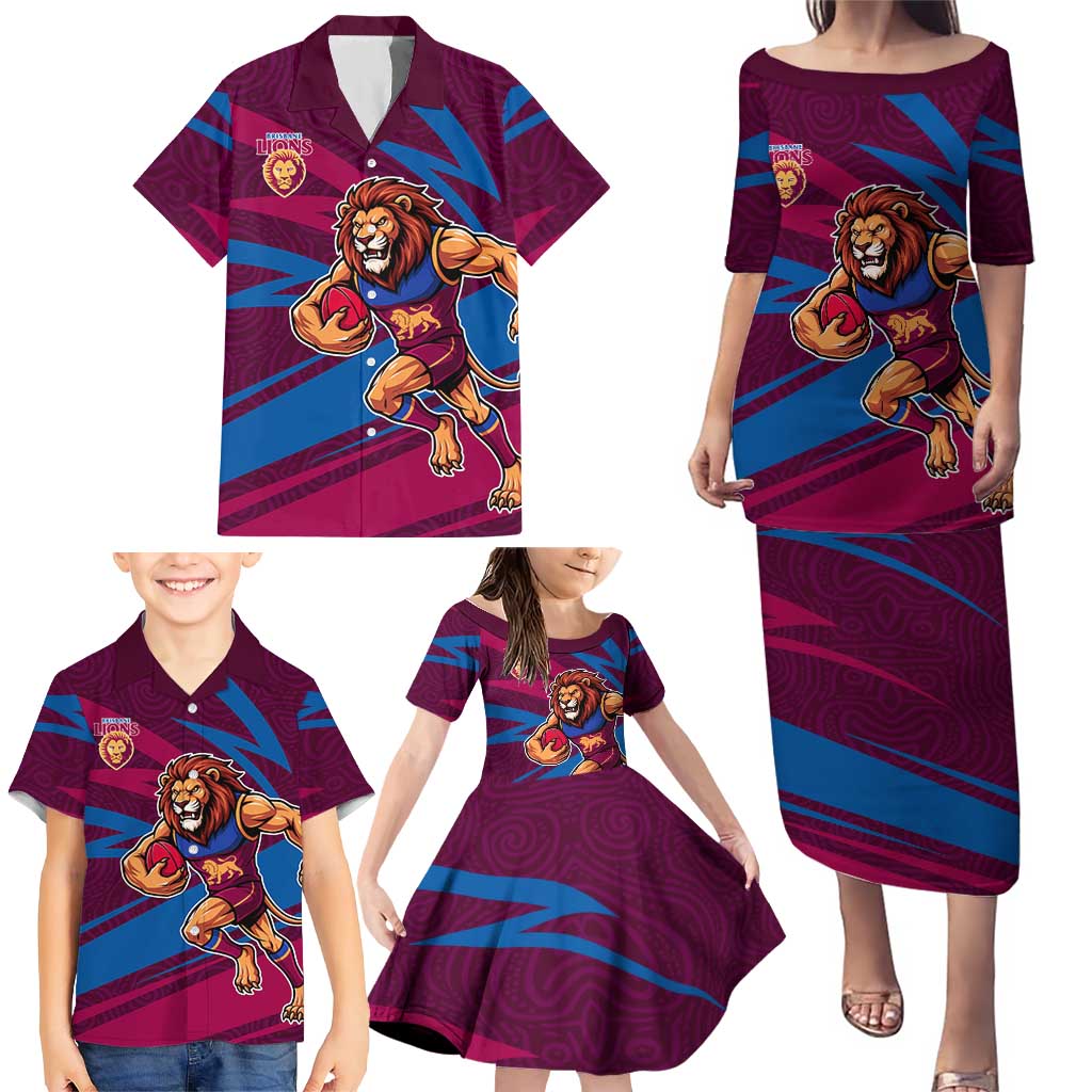 Brisbane Lions Australian Football Family Matching Puletasi and Hawaiian Shirt Regal Lion Mascot With Indigenous Pattern Art