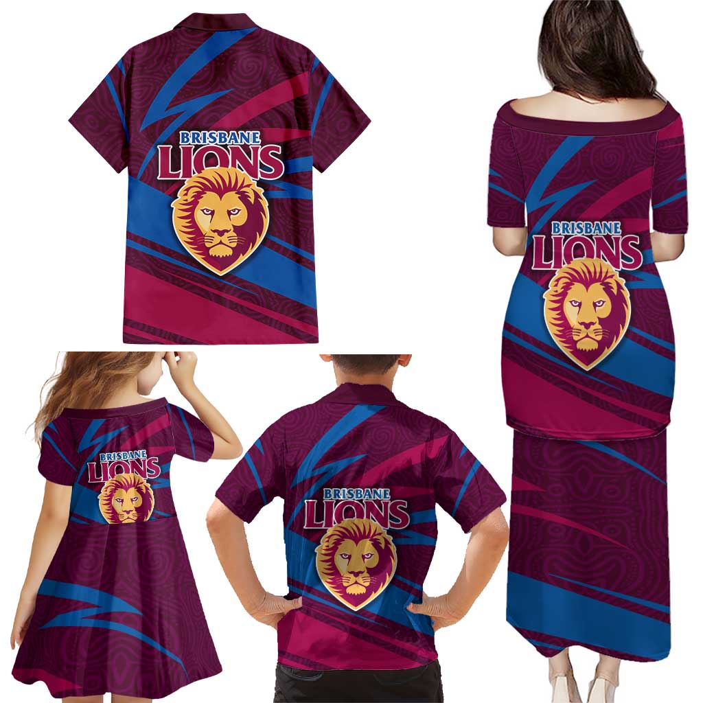 Brisbane Lions Australian Football Family Matching Puletasi and Hawaiian Shirt Regal Lion Mascot With Indigenous Pattern Art