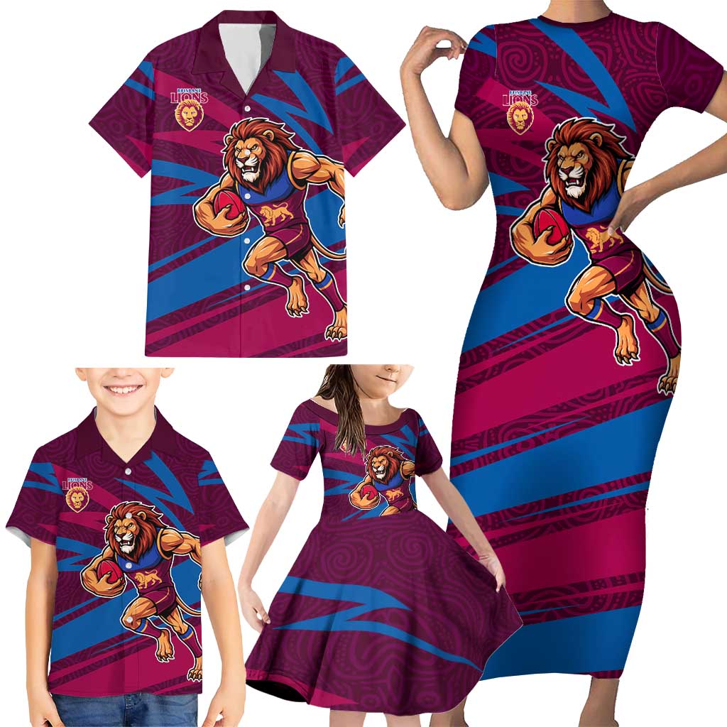 Brisbane Lions Australian Football Family Matching Short Sleeve Bodycon Dress and Hawaiian Shirt Regal Lion Mascot With Indigenous Pattern Art