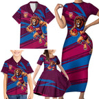 Brisbane Lions Australian Football Family Matching Short Sleeve Bodycon Dress and Hawaiian Shirt Regal Lion Mascot With Indigenous Pattern Art