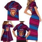 Brisbane Lions Australian Football Family Matching Short Sleeve Bodycon Dress and Hawaiian Shirt Regal Lion Mascot With Indigenous Pattern Art