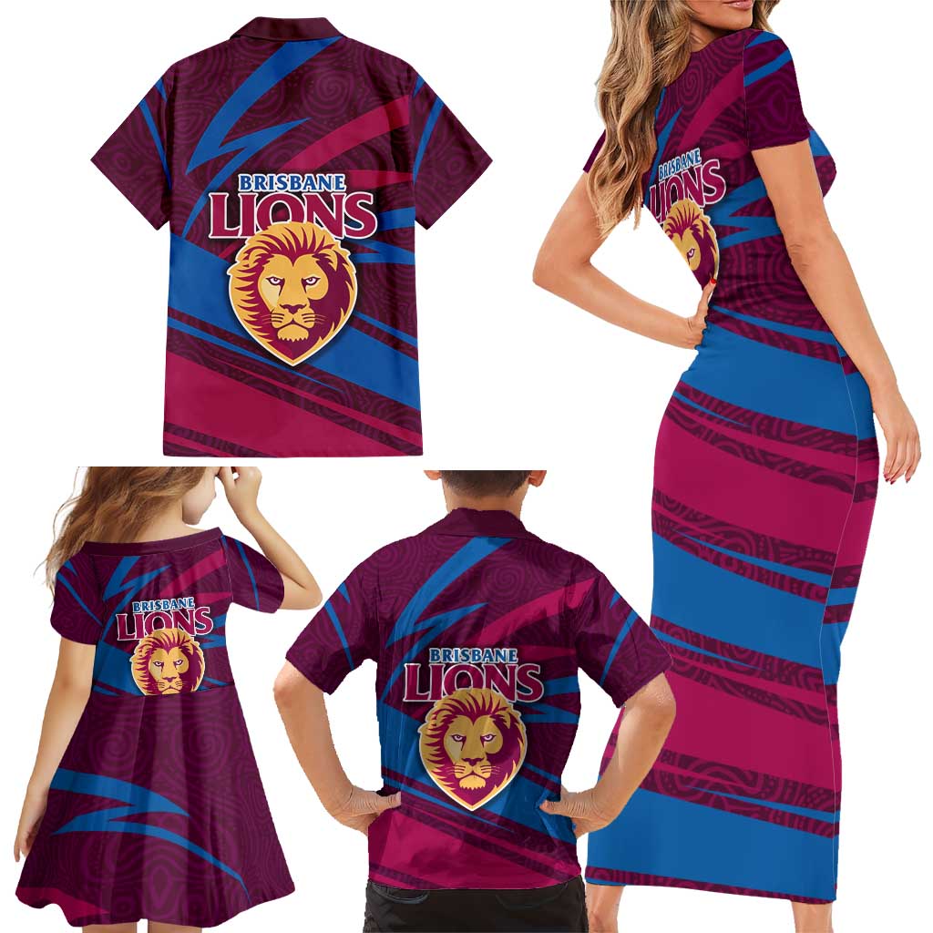 Brisbane Lions Australian Football Family Matching Short Sleeve Bodycon Dress and Hawaiian Shirt Regal Lion Mascot With Indigenous Pattern Art