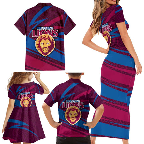 Brisbane Lions Australian Football Family Matching Short Sleeve Bodycon Dress and Hawaiian Shirt Regal Lion Mascot With Indigenous Pattern Art