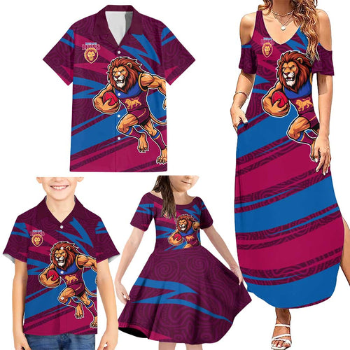 Brisbane Lions Australian Football Family Matching Summer Maxi Dress and Hawaiian Shirt Regal Lion Mascot With Indigenous Pattern Art