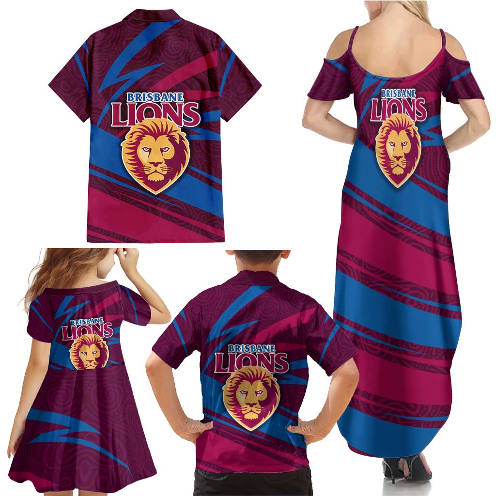 Brisbane Lions Australian Football Family Matching Summer Maxi Dress and Hawaiian Shirt Regal Lion Mascot With Indigenous Pattern Art
