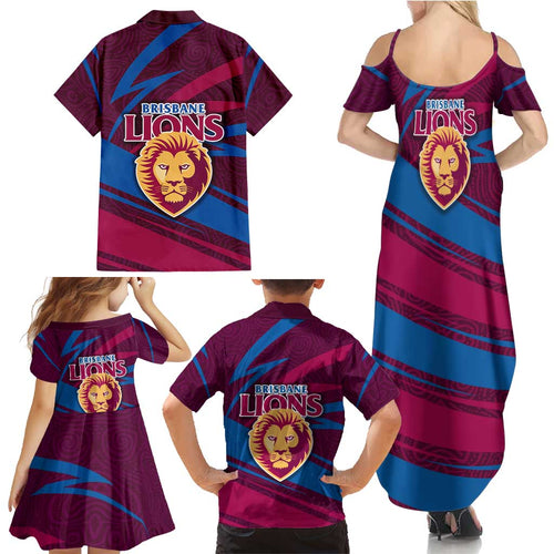 Brisbane Lions Australian Football Family Matching Summer Maxi Dress and Hawaiian Shirt Regal Lion Mascot With Indigenous Pattern Art