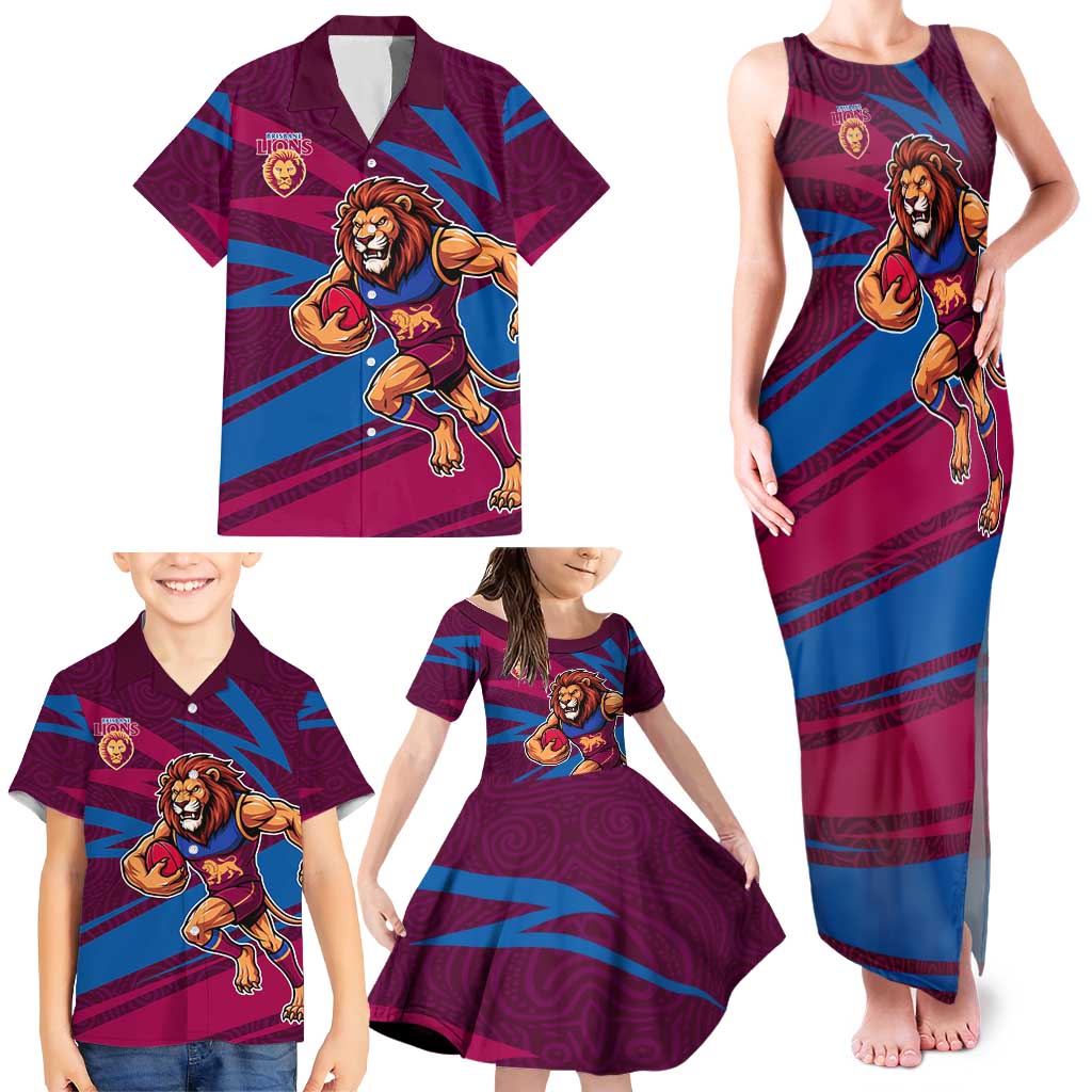 Brisbane Lions Australian Football Family Matching Tank Maxi Dress and Hawaiian Shirt Regal Lion Mascot With Indigenous Pattern Art