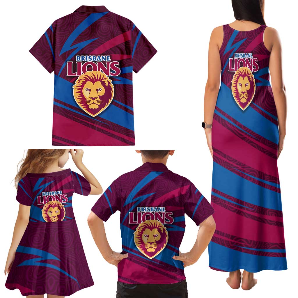 Brisbane Lions Australian Football Family Matching Tank Maxi Dress and Hawaiian Shirt Regal Lion Mascot With Indigenous Pattern Art