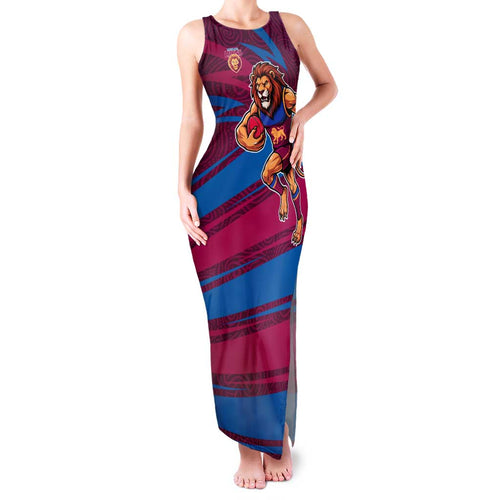 Brisbane Lions Australian Football Family Matching Tank Maxi Dress and Hawaiian Shirt Regal Lion Mascot With Indigenous Pattern Art