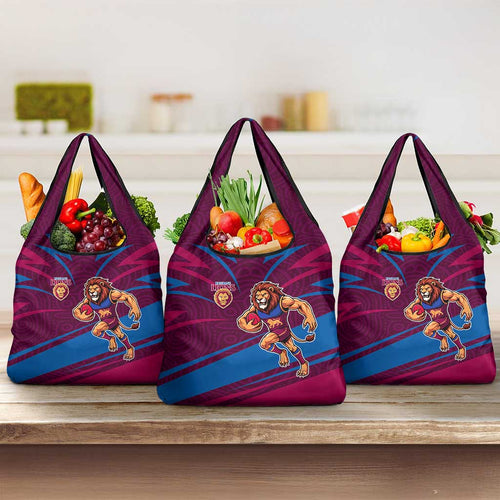 Brisbane Lions Australian Football Grocery Bag Regal Lion Mascot With Indigenous Pattern Art