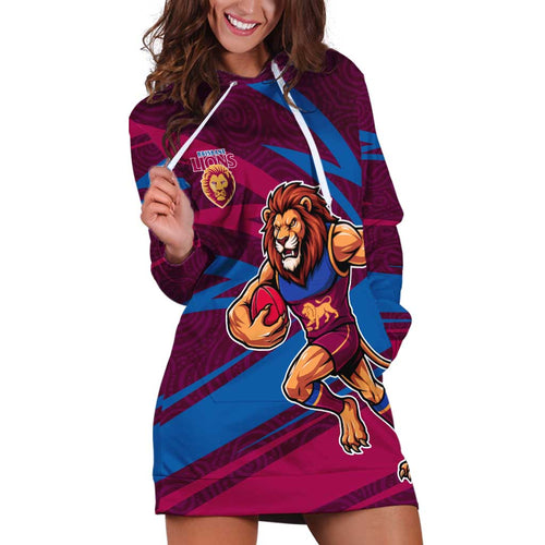 Brisbane Lions Australian Football Hoodie Dress Regal Lion Mascot With Indigenous Pattern Art