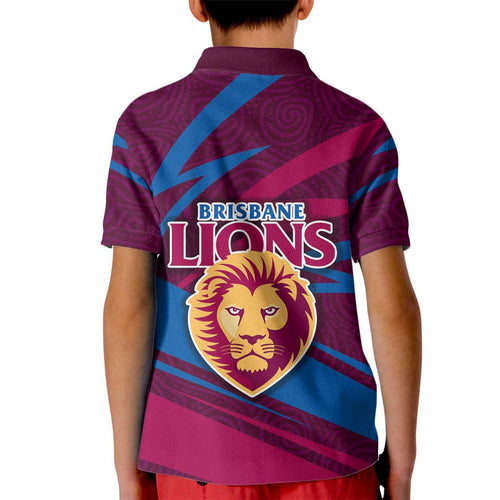 Brisbane Lions Australian Football Kid Polo Shirt Regal Lion Mascot With Indigenous Pattern Art