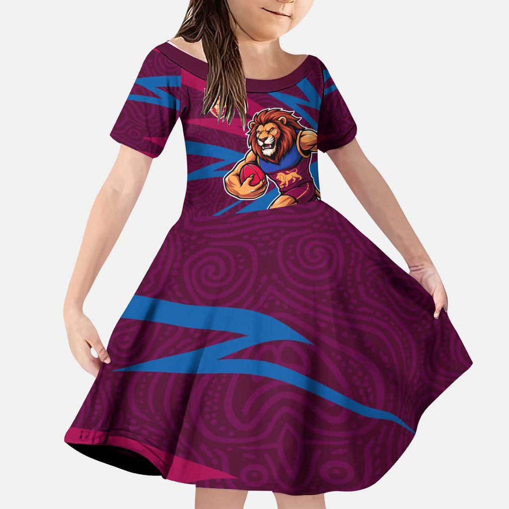 Brisbane Lions Australian Football Kid Short Sleeve Dress Regal Lion Mascot With Indigenous Pattern Art