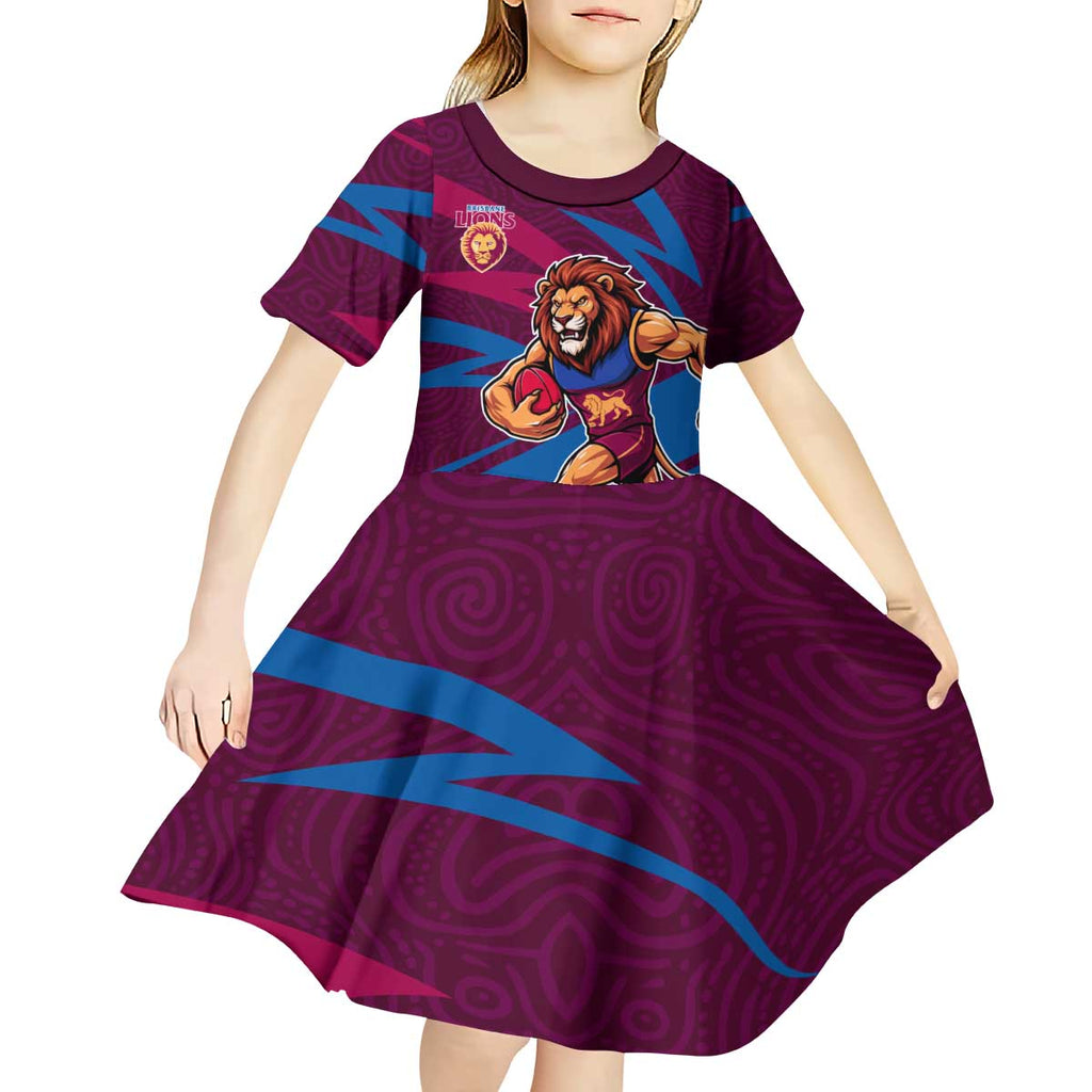 Brisbane Lions Australian Football Kid Short Sleeve Dress Regal Lion Mascot With Indigenous Pattern Art