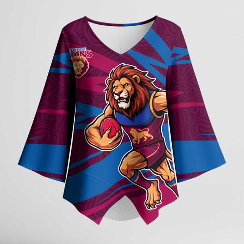 Brisbane Lions Australian Football Kimono Sleeve Blouse Regal Lion Mascot With Indigenous Pattern Art