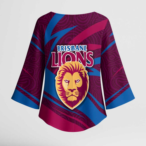 Brisbane Lions Australian Football Kimono Sleeve Blouse Regal Lion Mascot With Indigenous Pattern Art