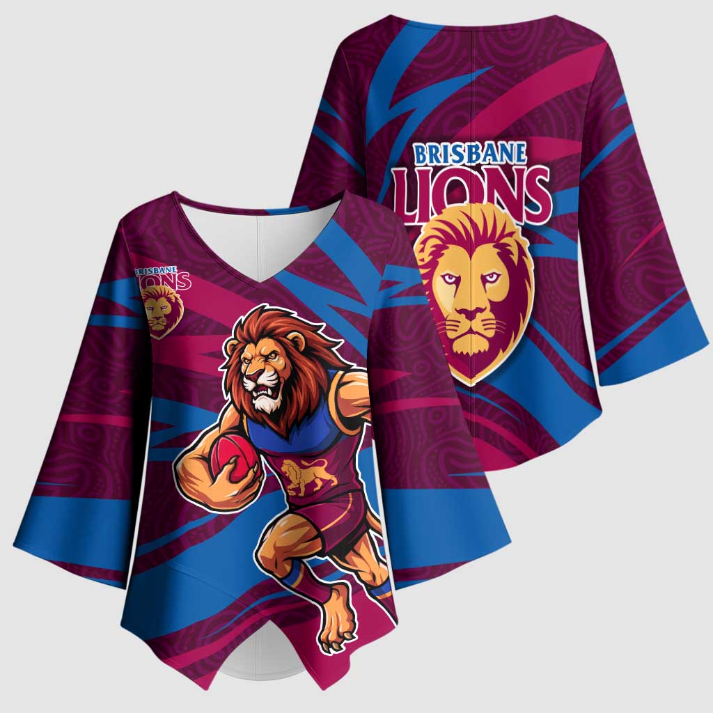 Brisbane Lions Australian Football Kimono Sleeve Blouse Regal Lion Mascot With Indigenous Pattern Art