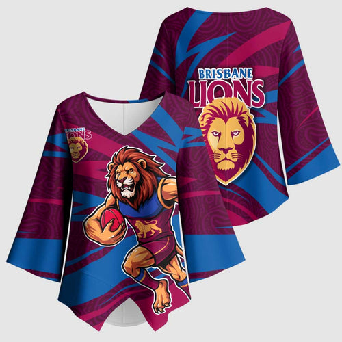 Brisbane Lions Australian Football Kimono Sleeve Blouse Regal Lion Mascot With Indigenous Pattern Art